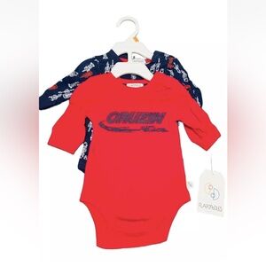 Flapdoodles Long Sleeve Bodysuits, 2 Pack, Cars, Size 0-3 Months, Red/Blue, NEW
